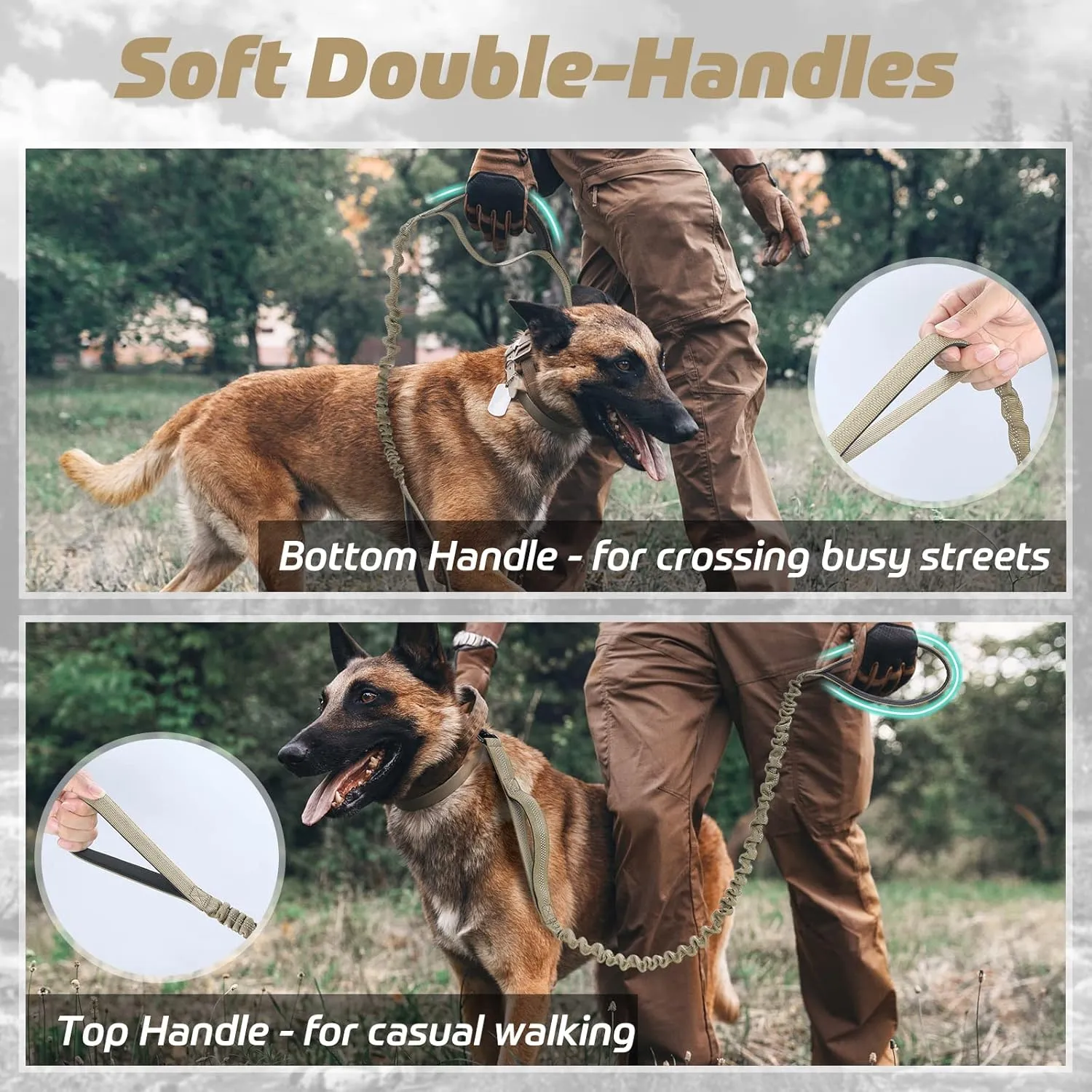 rabbitgoo Tactical Bungee Dog Leash with Shock Absorption, Military Training Leash with 2 Padded Control Handles for Medium Large Dogs, 5.2FT, Brown