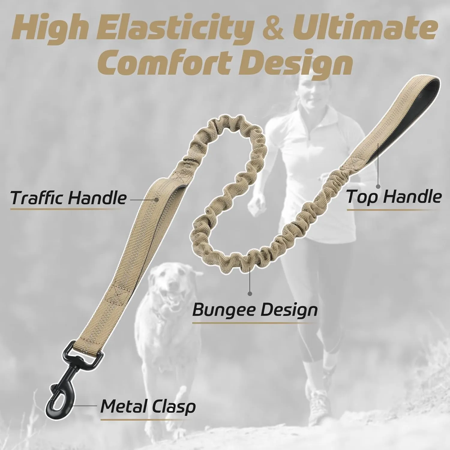 rabbitgoo Tactical Bungee Dog Leash with Shock Absorption, Military Training Leash with 2 Padded Control Handles for Medium Large Dogs, 5.2FT, Brown