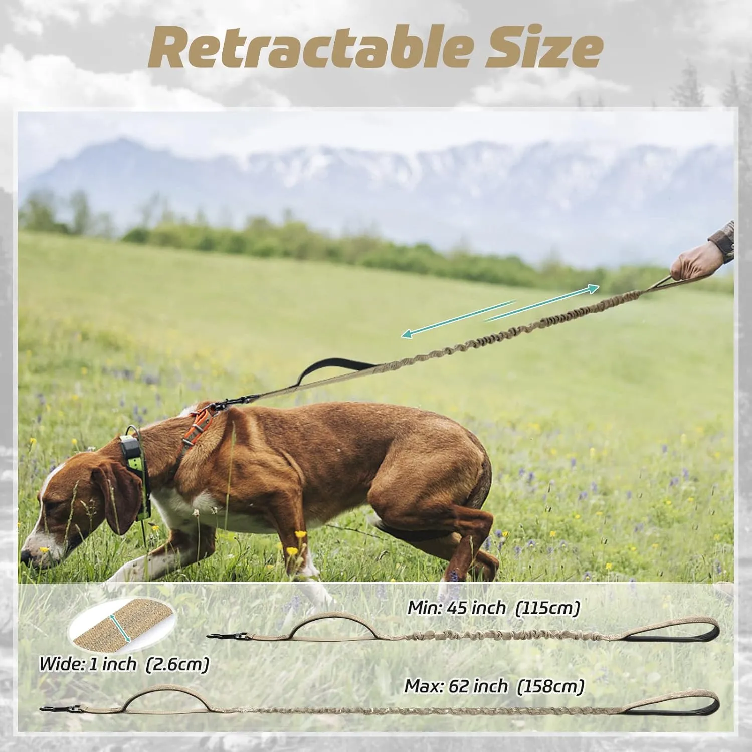 rabbitgoo Tactical Bungee Dog Leash with Shock Absorption, Military Training Leash with 2 Padded Control Handles for Medium Large Dogs, 5.2FT, Brown
