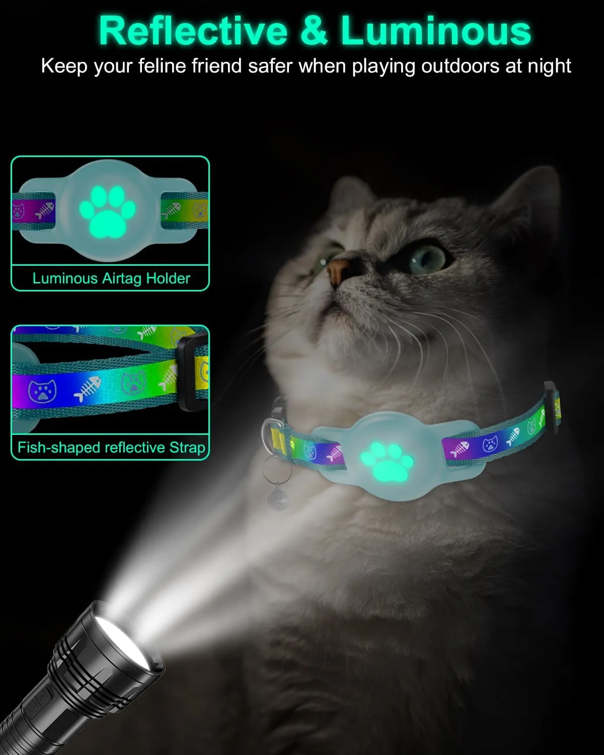 Reflective Airtag Cat Collar, Breakaway Cat Airtag Collar with Escape Buckle, Lightweight Cat Collar with Luminous Apple Air Tag Holder, Hidden GPS Tracker Holder for Cats