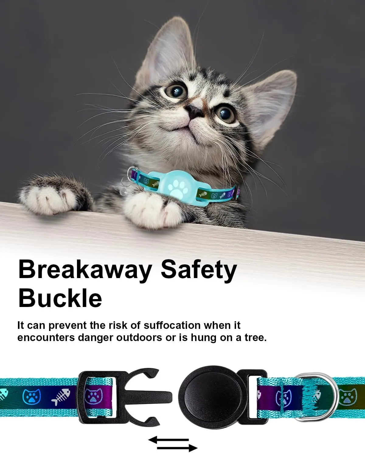 Reflective Airtag Cat Collar, Breakaway Cat Airtag Collar with Escape Buckle, Lightweight Cat Collar with Luminous Apple Air Tag Holder, Hidden GPS Tracker Holder for Cats