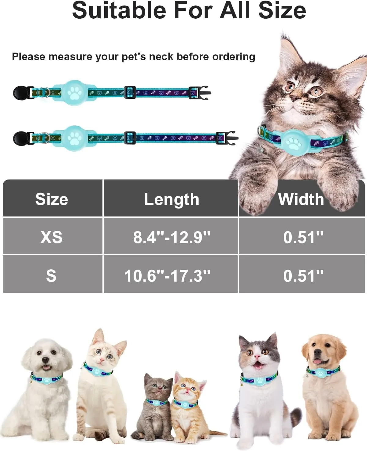Reflective Airtag Cat Collar, Breakaway Cat Airtag Collar with Escape Buckle, Lightweight Cat Collar with Luminous Apple Air Tag Holder, Hidden GPS Tracker Holder for Cats