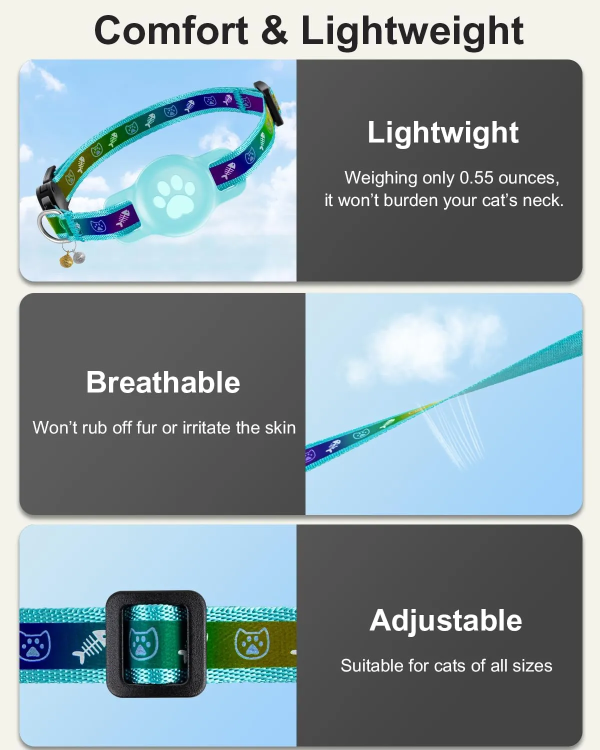 Reflective Airtag Cat Collar, Breakaway Cat Airtag Collar with Escape Buckle, Lightweight Cat Collar with Luminous Apple Air Tag Holder, Hidden GPS Tracker Holder for Cats