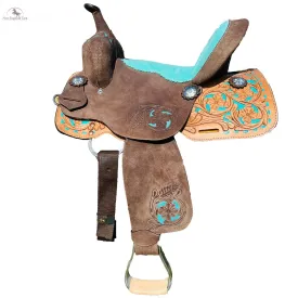 Resistance Youth/Pony Turquoise Suede And Floral Tool Barrel Saddle - 10 12 13 Inch