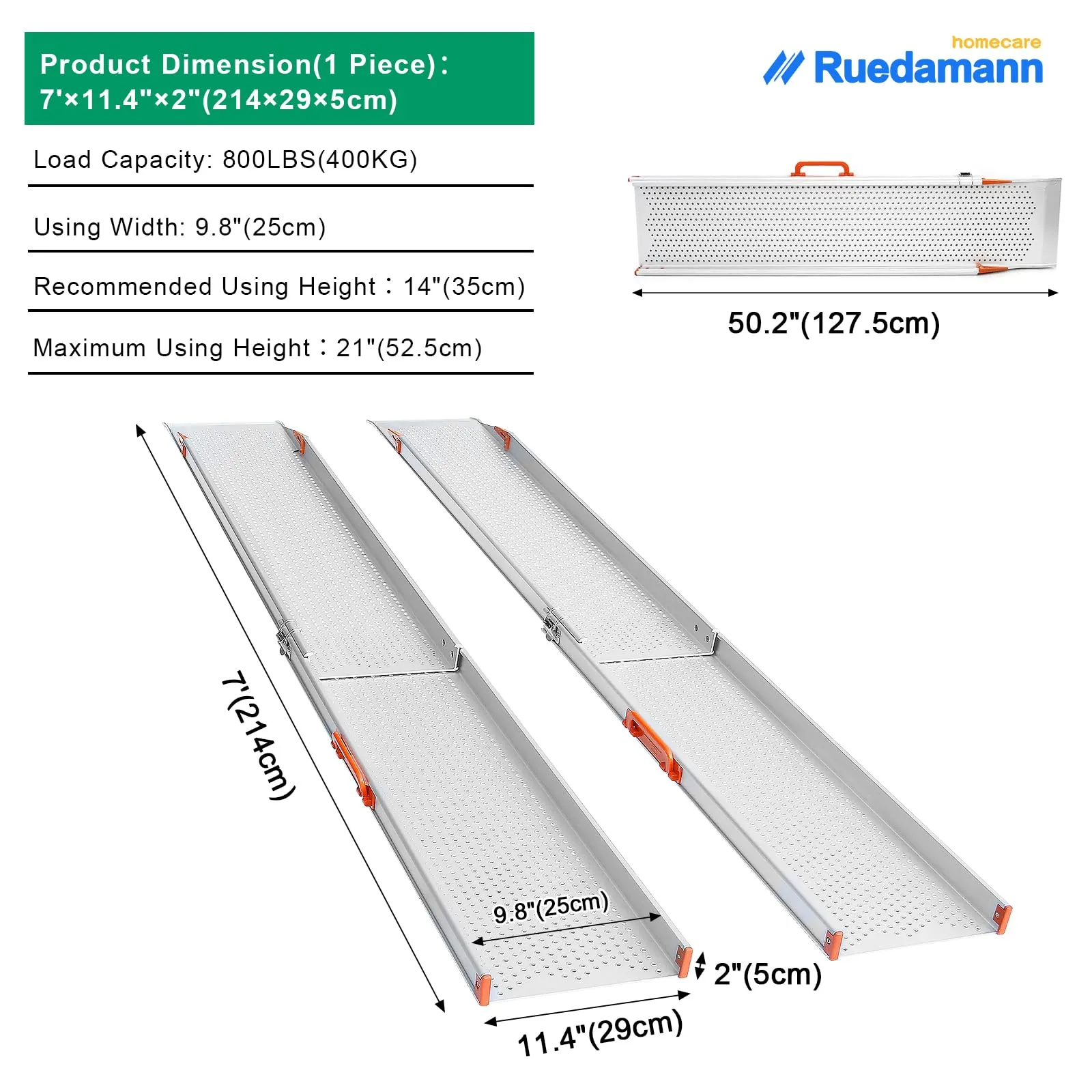 Ruedamann® 11.4" W Aluminum Wheelchair Ramp Wider Design 1 set