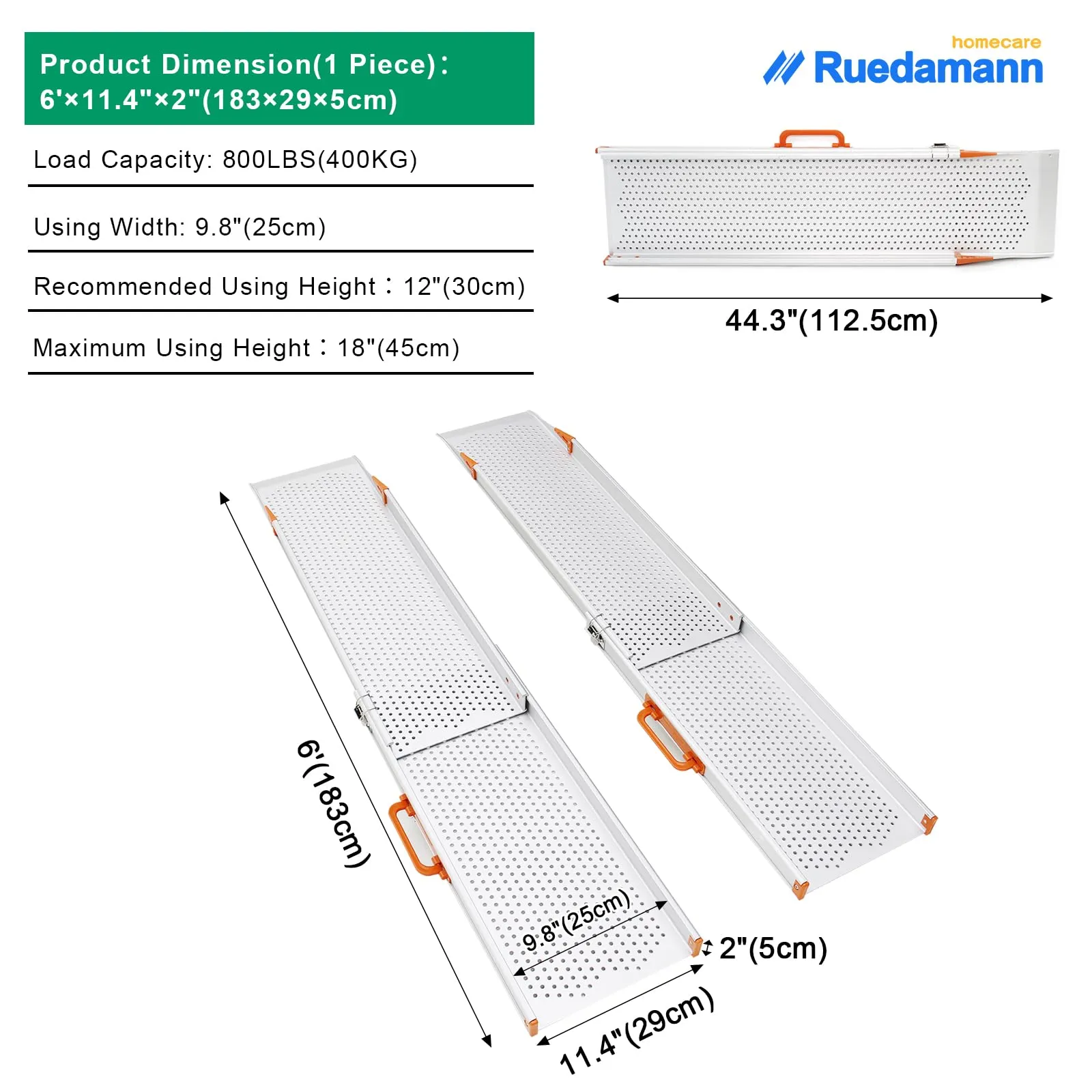 Ruedamann® 11.4" W Aluminum Wheelchair Ramp Wider Design 1 set
