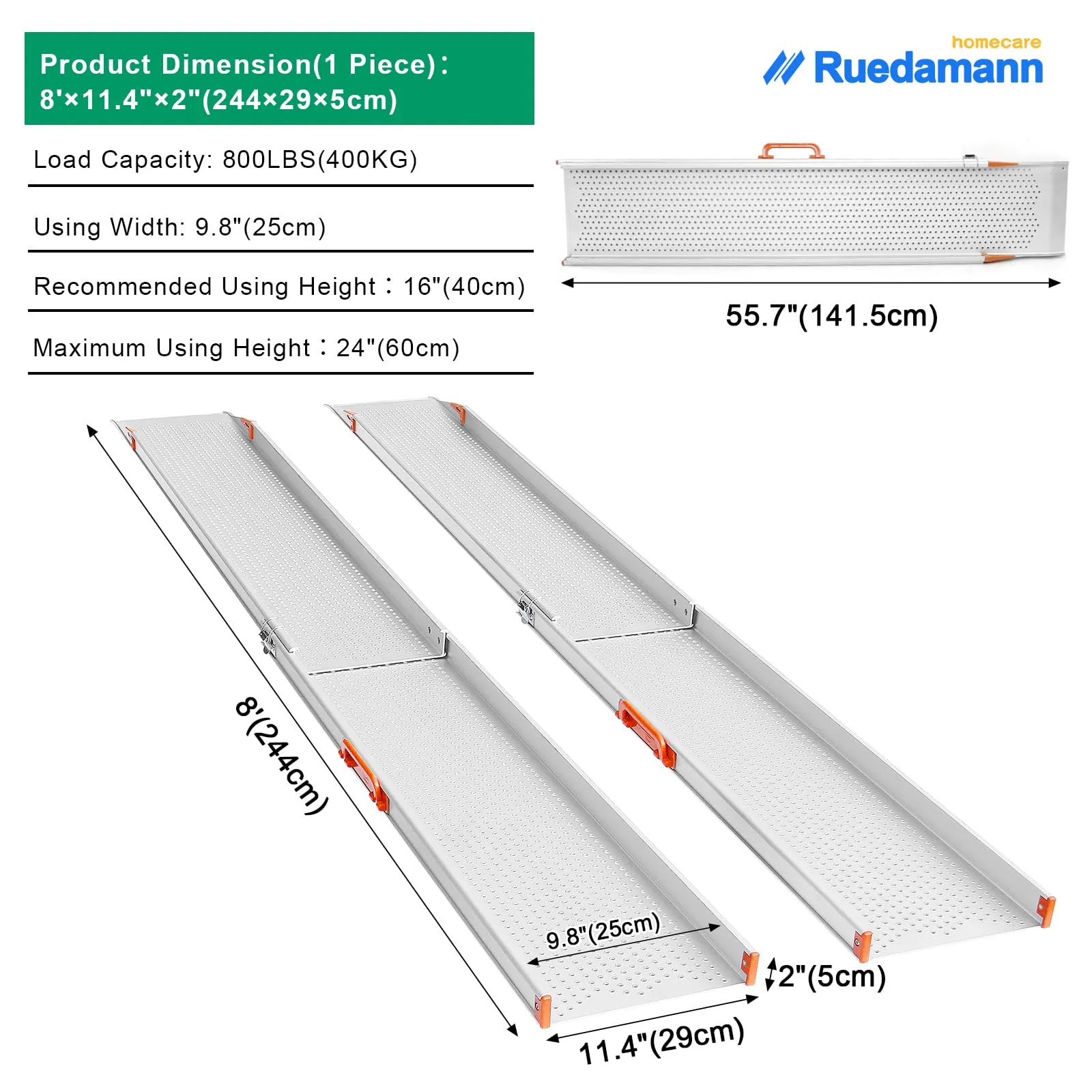 Ruedamann® 11.4" W Aluminum Wheelchair Ramp Wider Design 1 set