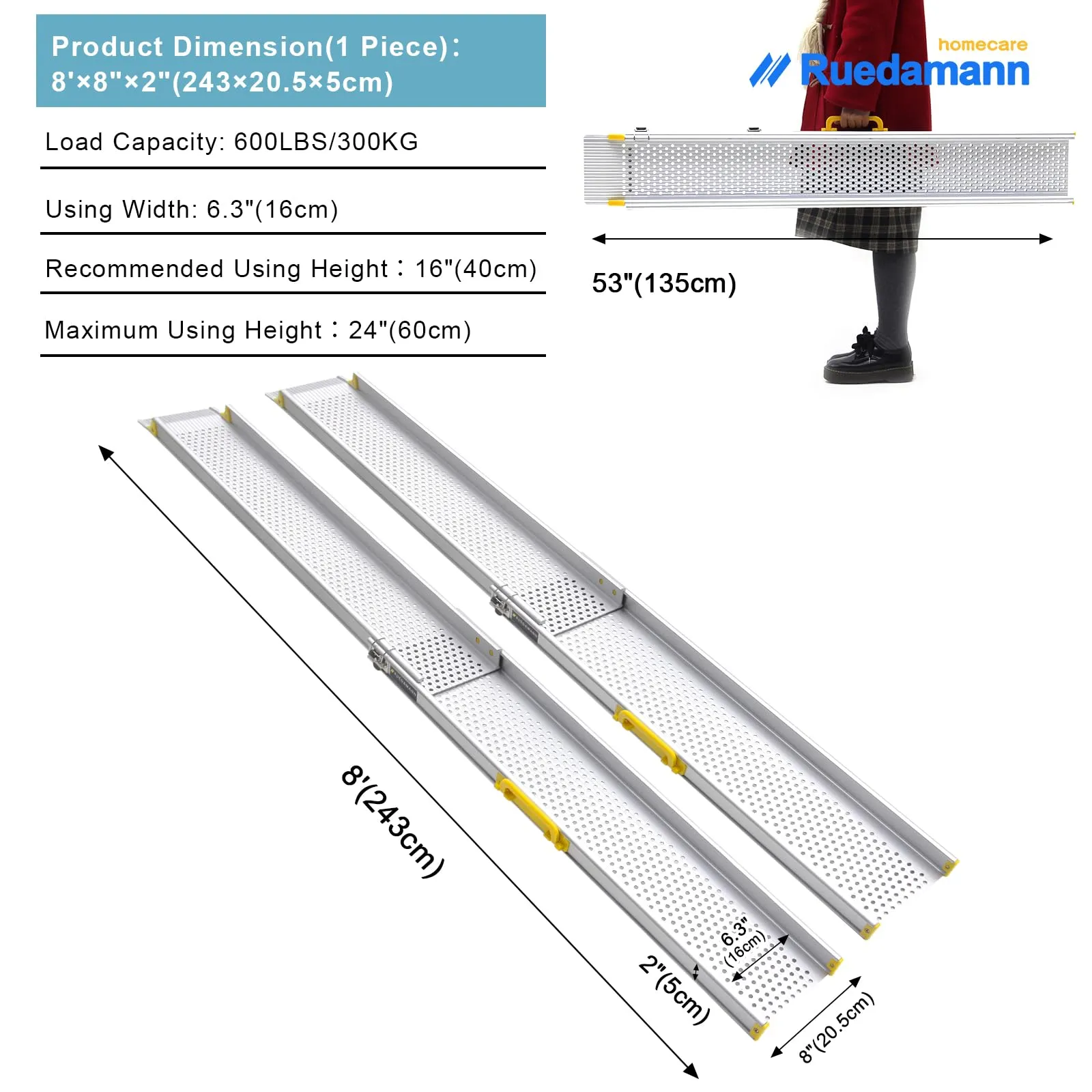 Ruedamann® 8" W Portable Aluminum Wheelchair Ramp 1 Set