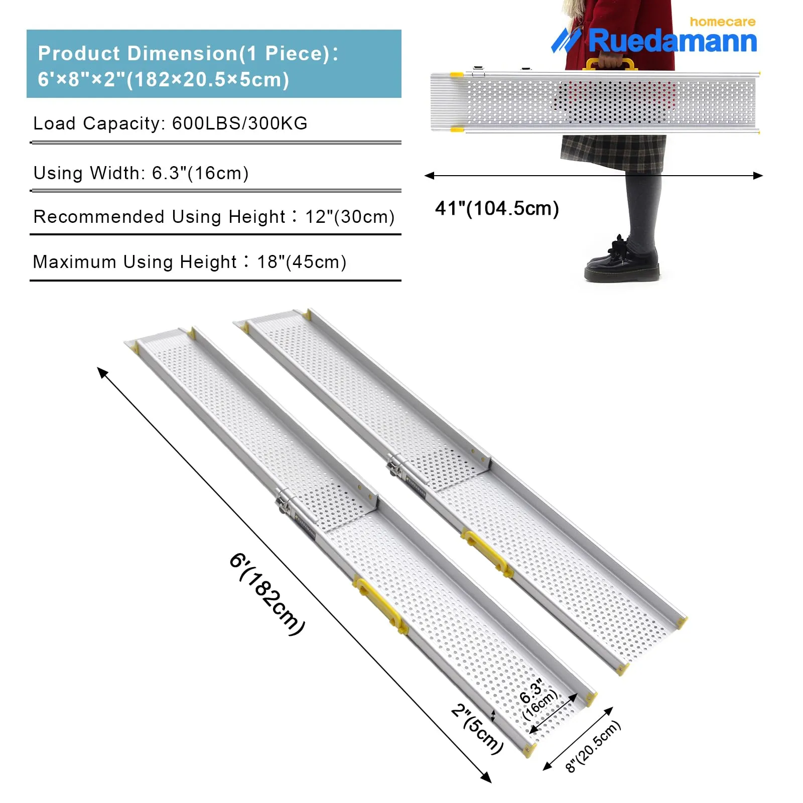 Ruedamann® 8" W Portable Aluminum Wheelchair Ramp 1 Set