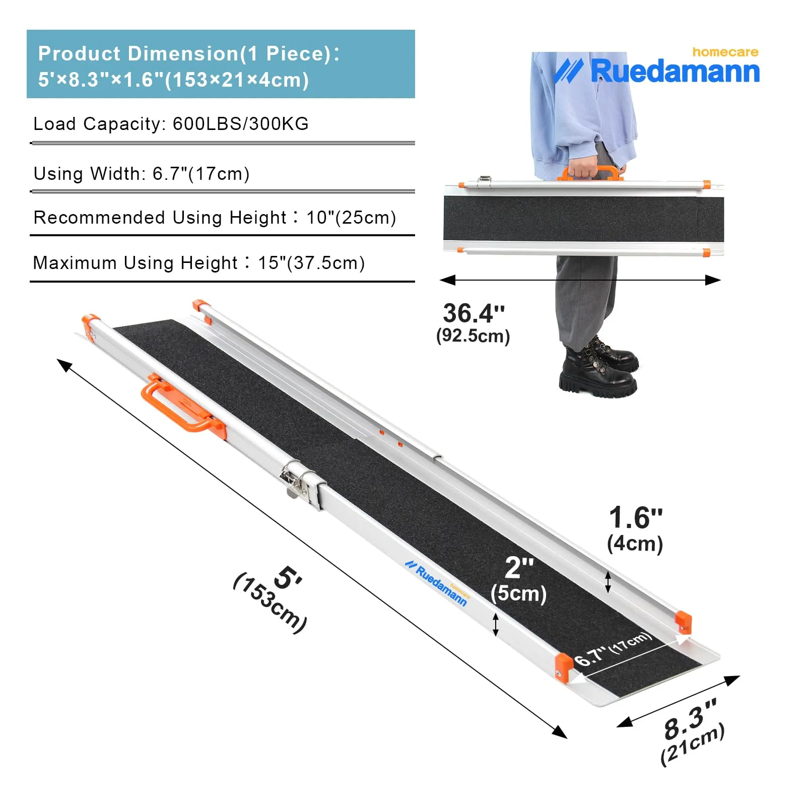 Ruedamann® Adjustable Aluminum Wheelchair Ramp Non-Skid Surface 1 set