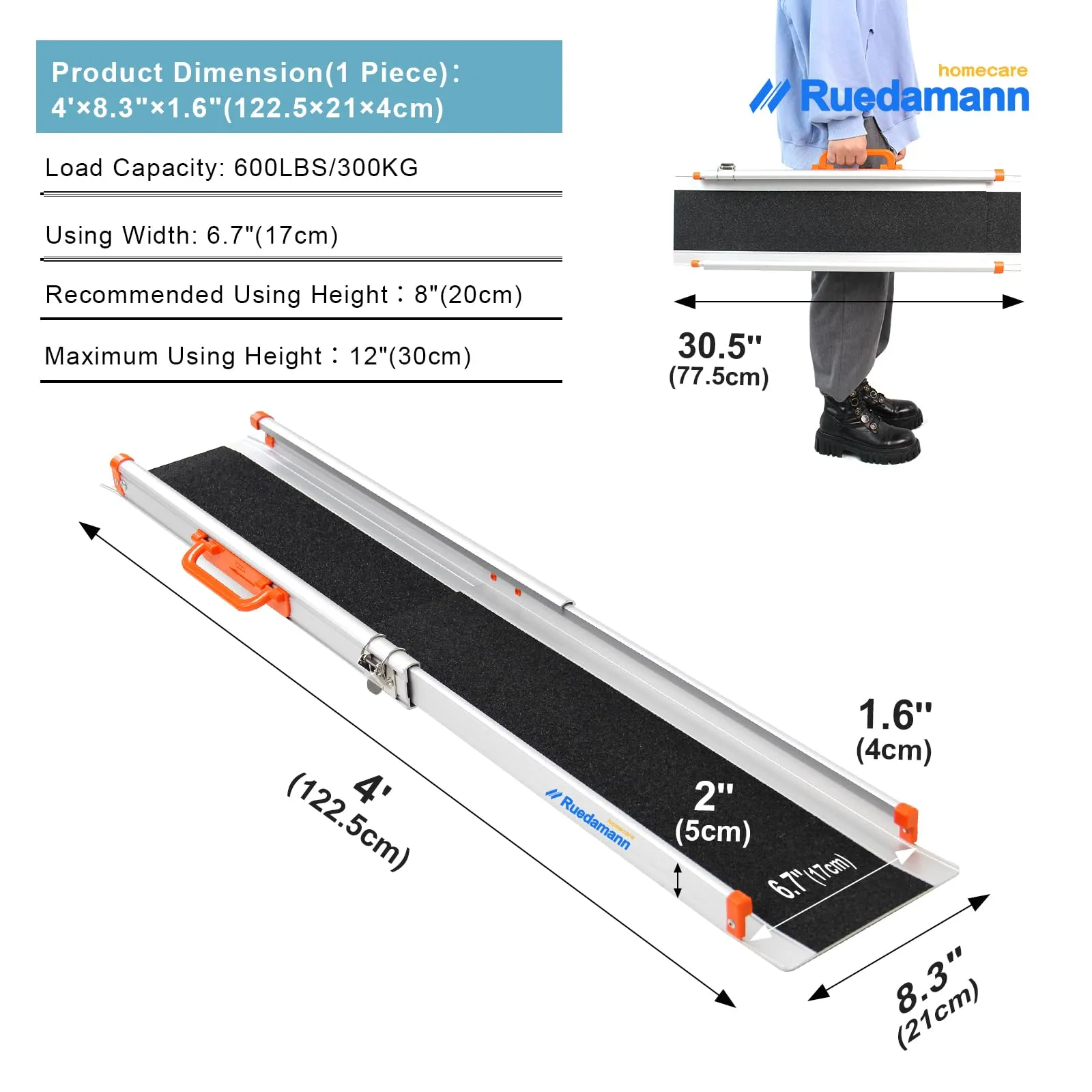 Ruedamann® Adjustable Aluminum Wheelchair Ramp Non-Skid Surface 1 set
