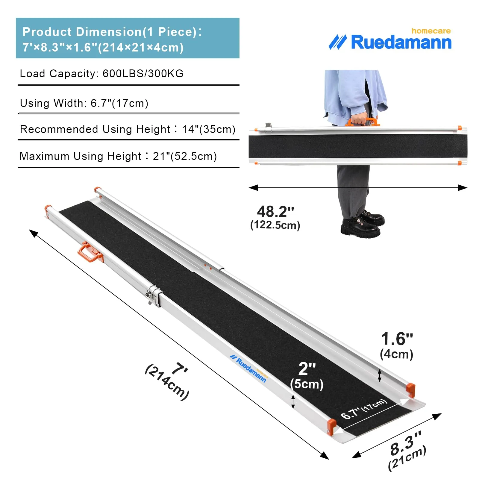 Ruedamann® Adjustable Aluminum Wheelchair Ramp Non-Skid Surface 1 set