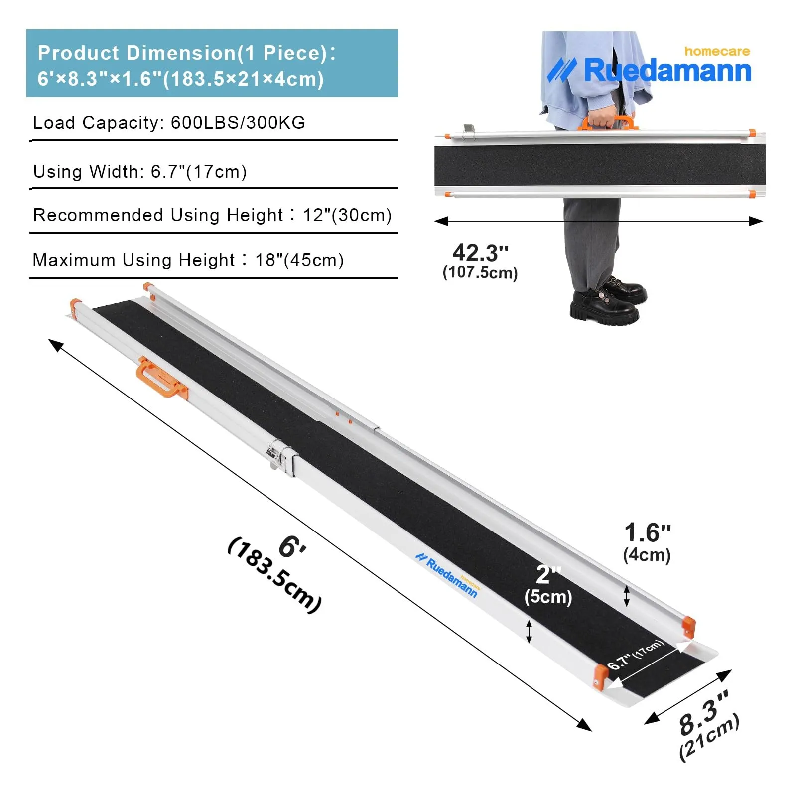 Ruedamann® Adjustable Aluminum Wheelchair Ramp Non-Skid Surface 1 set