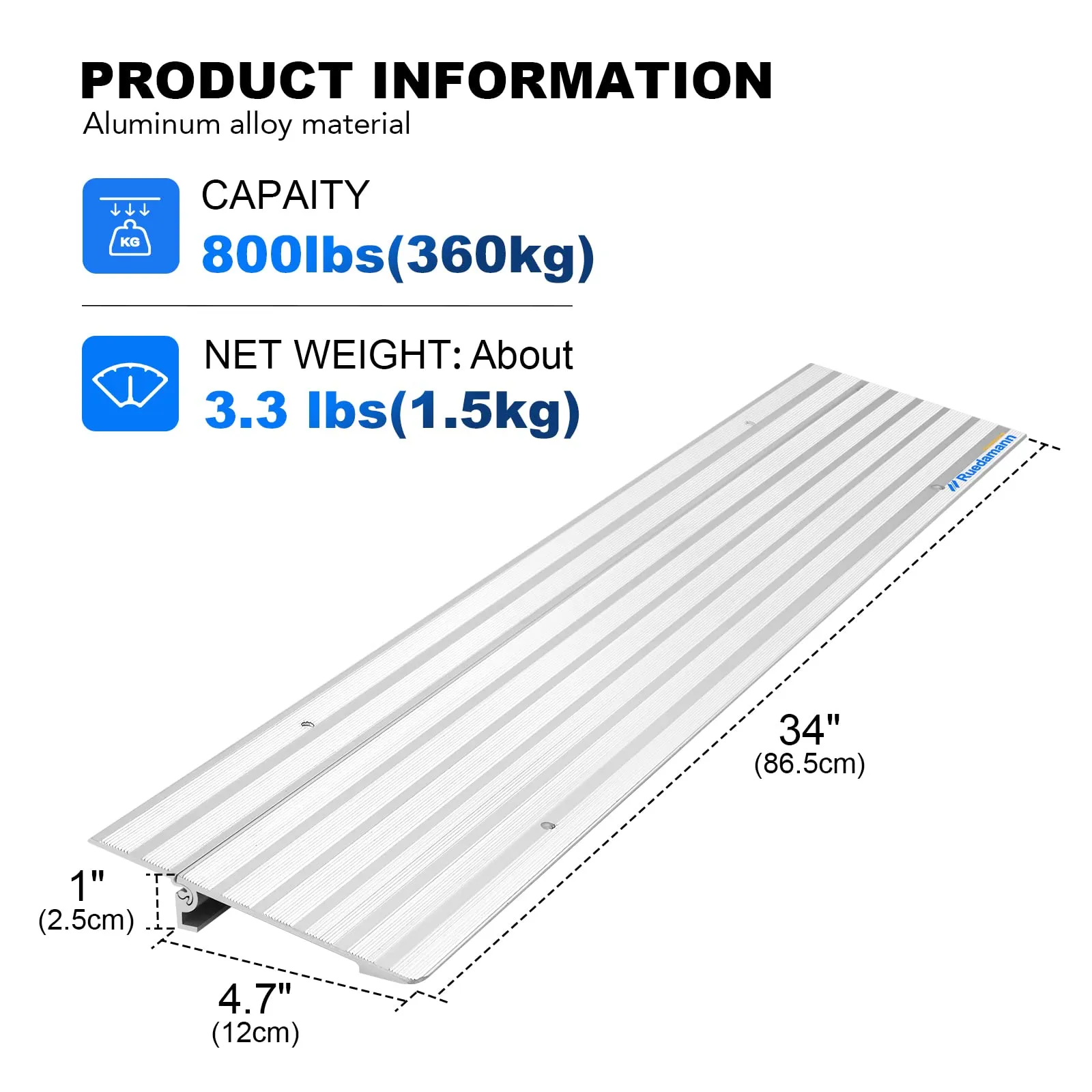 Ruedamann®Threshold Ramp Modular Aluminum Entry Ramp 34" Wide Door Ramp