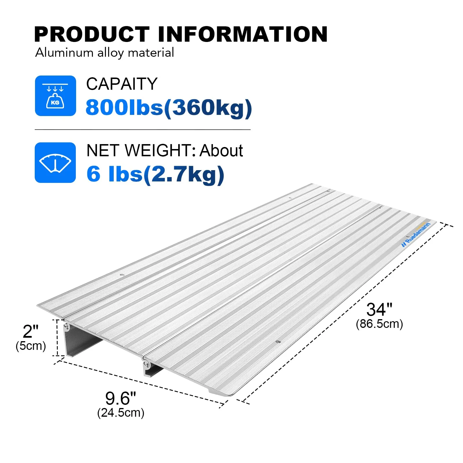 Ruedamann®Threshold Ramp Modular Aluminum Entry Ramp 34" Wide Door Ramp
