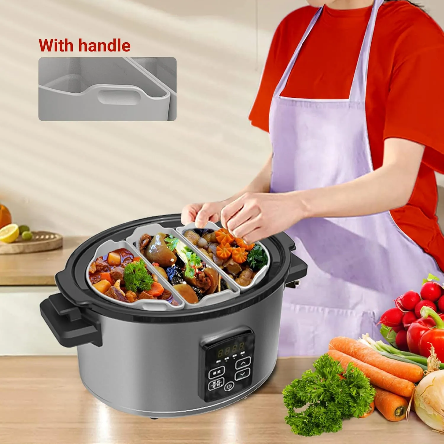 Silicone Slow Cooker Liners Compatible With Crock Pot 6-8 QT,Slow Cooker Divider Allows Cooking Three Different Meals At Once Time (gray)