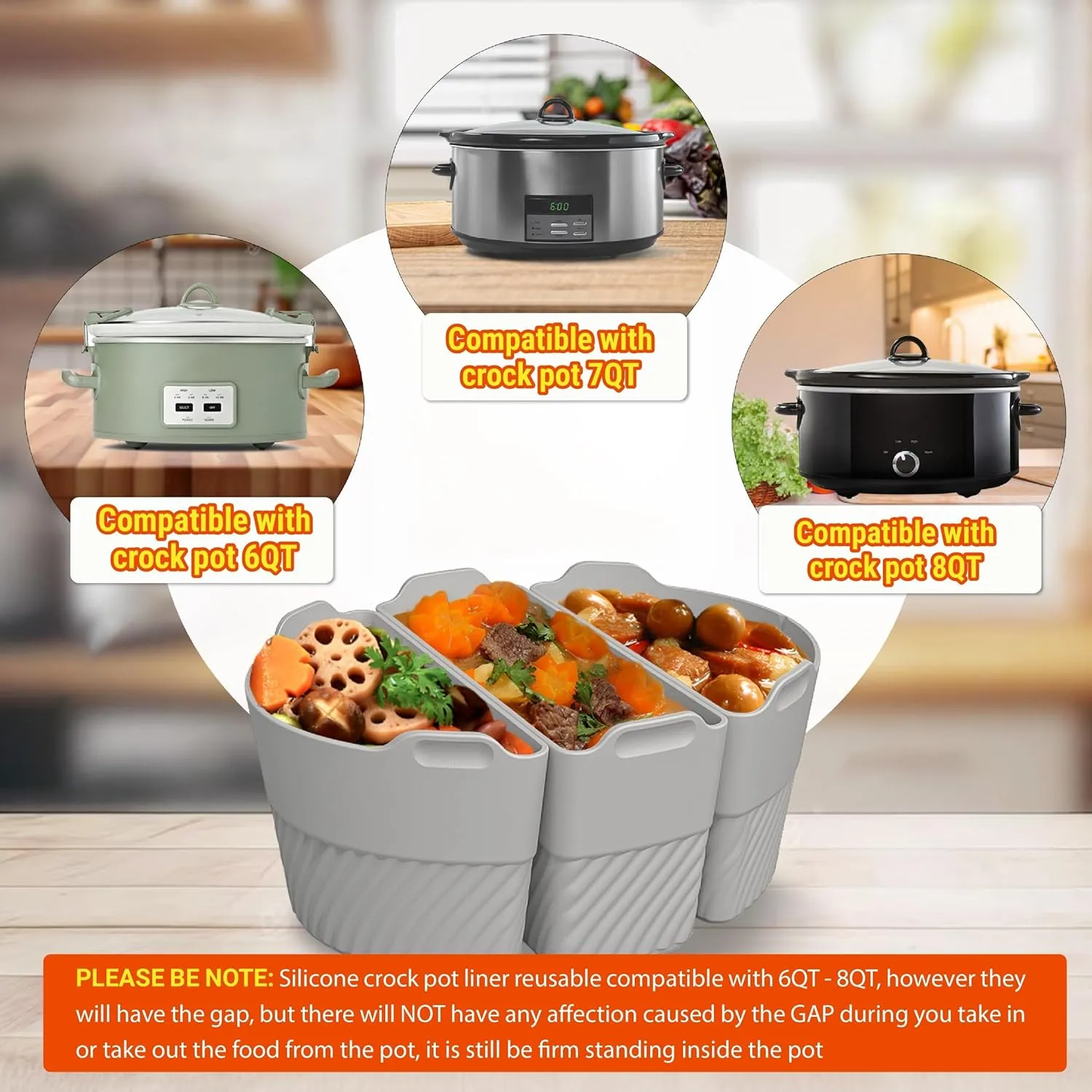 Silicone Slow Cooker Liners Compatible With Crock Pot 6-8 QT,Slow Cooker Divider Allows Cooking Three Different Meals At Once Time (gray)
