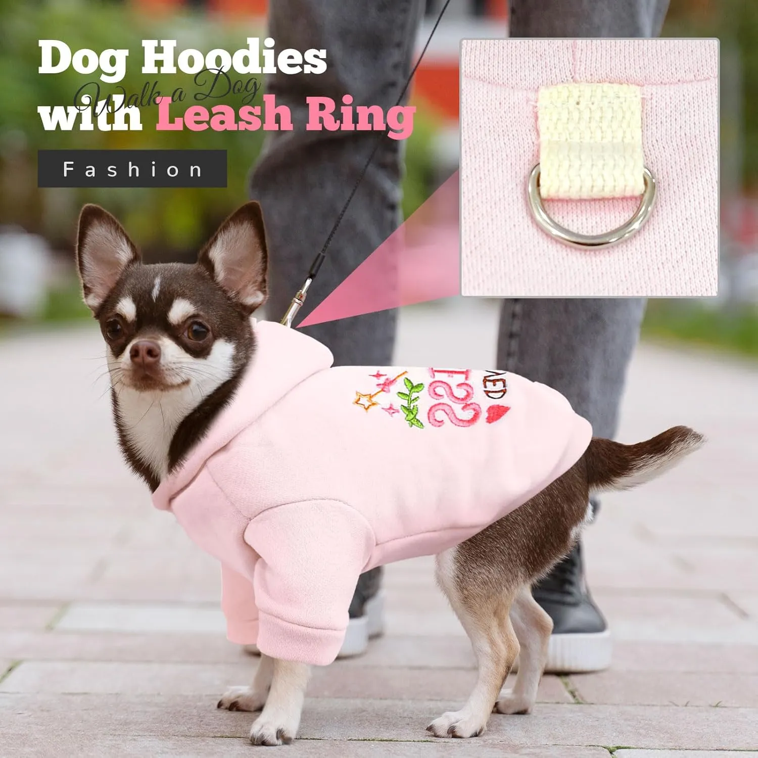 Small Dog Hoodie Clothes Cute Pink Princess Fleece Dog Sweater for Small Dogs Cats Girl Warm Puppy Sweatshirt with Leash D Ring Fall Winter XS Pet Outfits Chihuahua Yorkie Shihtzu(Pink,L)