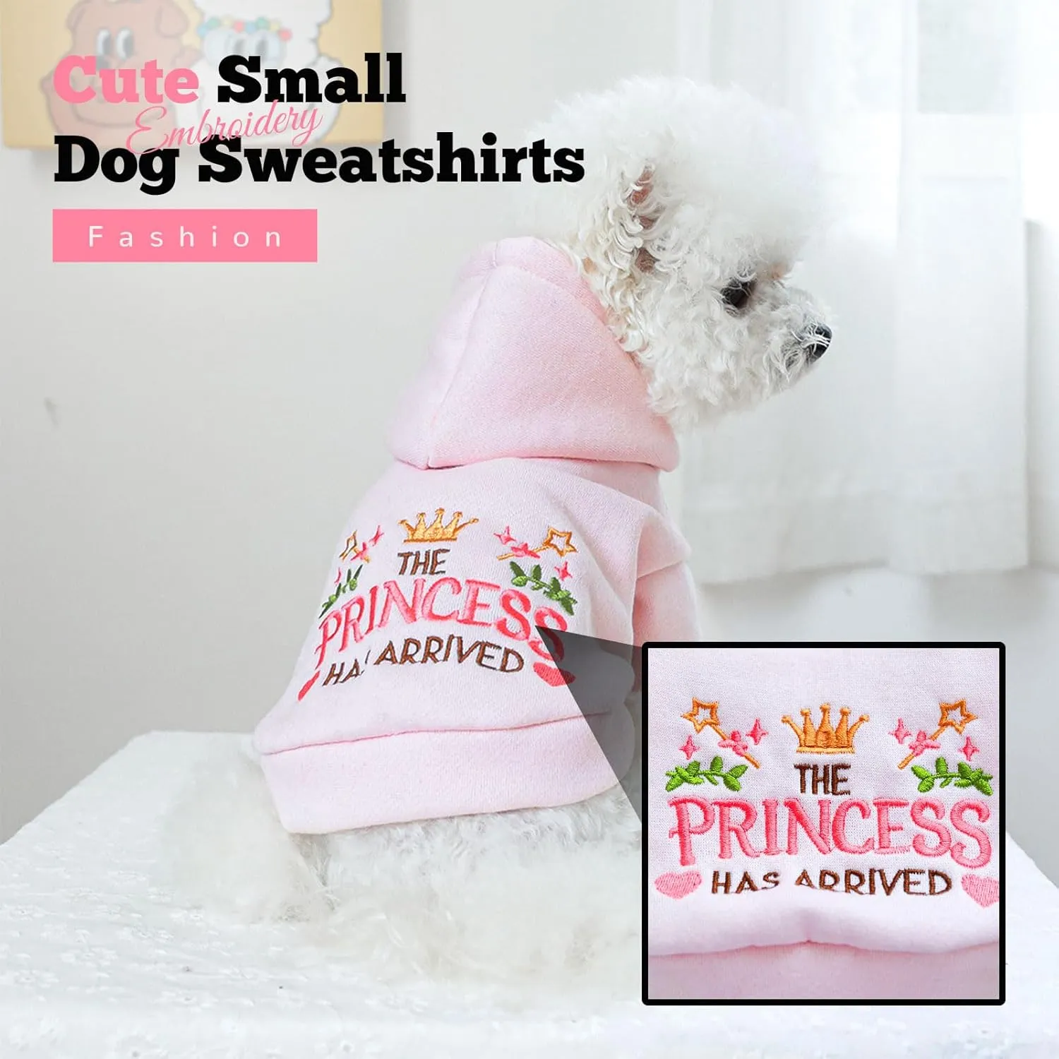 Small Dog Hoodie Clothes Cute Pink Princess Fleece Dog Sweater for Small Dogs Cats Girl Warm Puppy Sweatshirt with Leash D Ring Fall Winter XS Pet Outfits Chihuahua Yorkie Shihtzu(Pink,L)