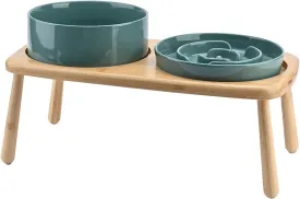 SPUNKYJUNKY Raised Dog Bowls Ceramic Dog Bowls Elevated with Non-Slip Wooden Stand Dog Food Water Bowls for Medium Large Size Dogs(21OZ Slow Feeder 60OZ Bowl,Dark Green)