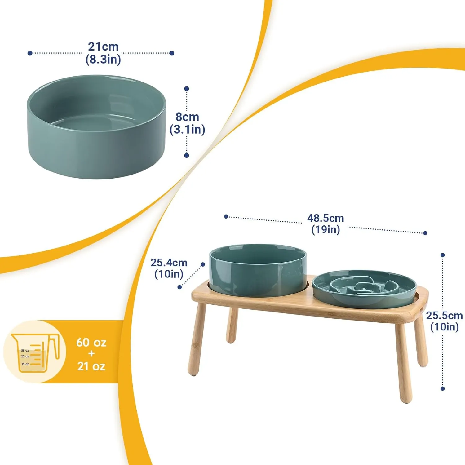 SPUNKYJUNKY Raised Dog Bowls Ceramic Dog Bowls Elevated with Non-Slip Wooden Stand Dog Food Water Bowls for Medium Large Size Dogs(21OZ Slow Feeder 60OZ Bowl,Dark Green)