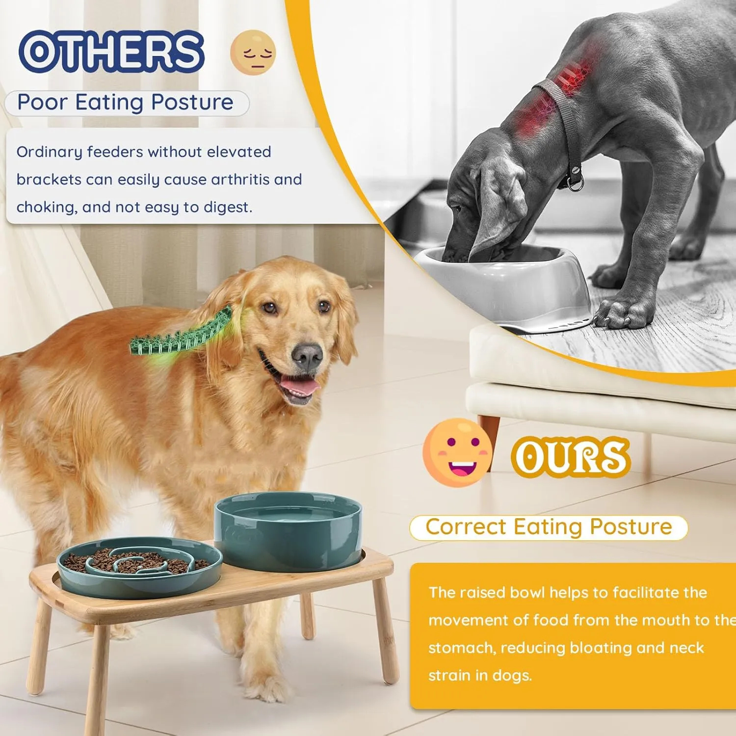 SPUNKYJUNKY Raised Dog Bowls Ceramic Dog Bowls Elevated with Non-Slip Wooden Stand Dog Food Water Bowls for Medium Large Size Dogs(21OZ Slow Feeder 60OZ Bowl,Dark Green)