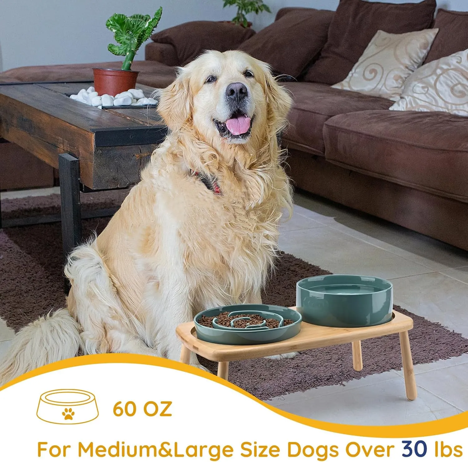 SPUNKYJUNKY Raised Dog Bowls Ceramic Dog Bowls Elevated with Non-Slip Wooden Stand Dog Food Water Bowls for Medium Large Size Dogs(21OZ Slow Feeder 60OZ Bowl,Dark Green)