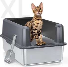 Stainless Steel Cat Litter Box with Lid, XL High Sided Enclosure, Scratch-Resistant, Odorless, Non-Sticky Metal Pan for Large & Multiple Cats, Kitty Litter Box,Includes Scoop,Caja de Arena para Gatos