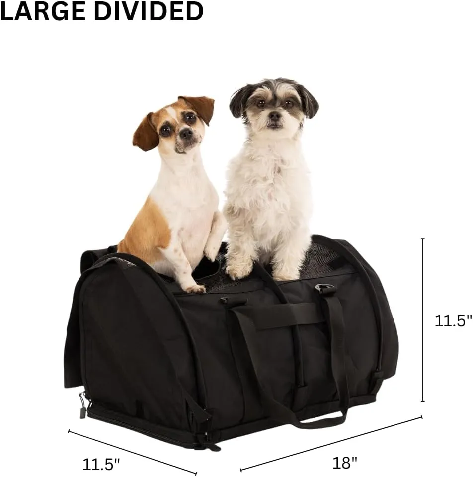 SturdiBag Pro 2.0 Divided Pet Travel Carrier with Flexible Height for Cats and Dogs | Soft Sided Pet Carrier Bag with Safety Clips and Seatbelt Straps for Airplane or Car Travel | Large, Black