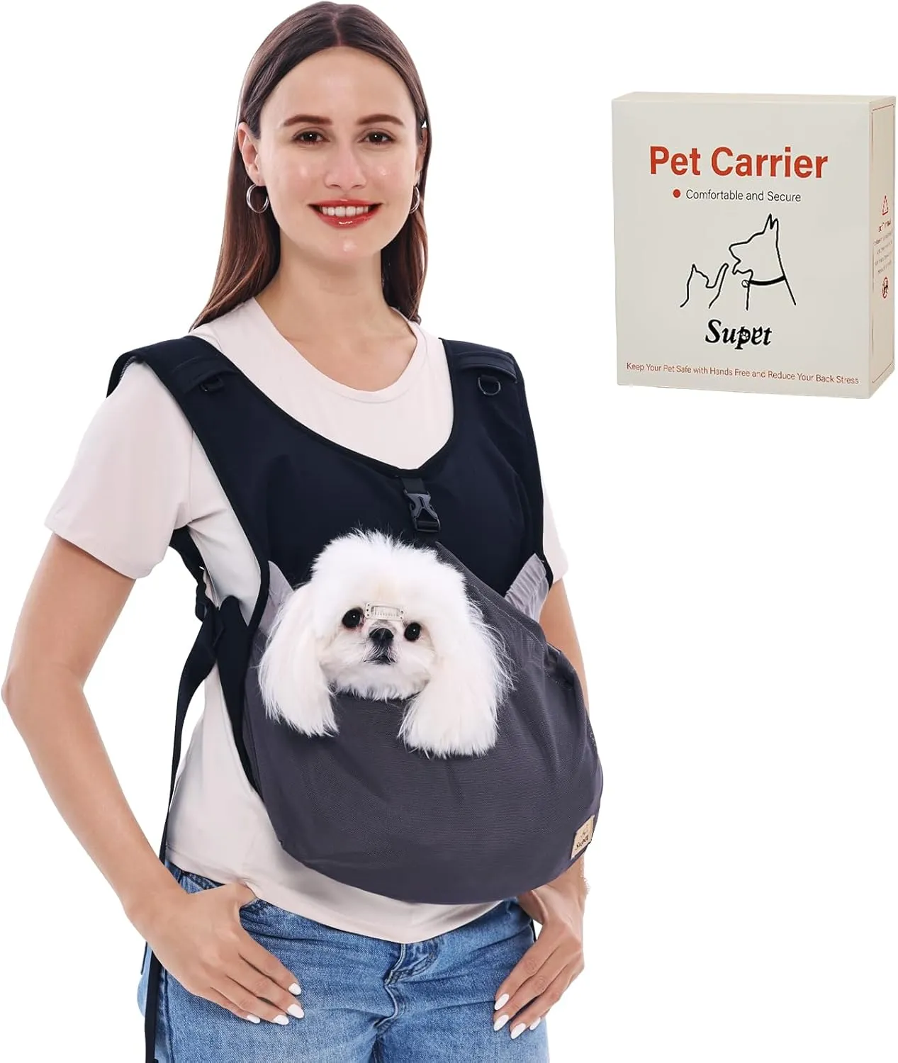 Supet Dog Sling Carrier for Small Dogs, Anti-Anxiety Hands Free Cat Sling Carrier, Soft Cotton Front Facing Dog Carrier, Adjustable Swaddle Wrap, Reducing Back Neck Neck Pain, Balck, Regular