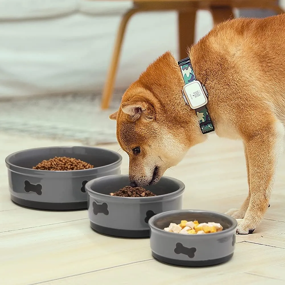 Sweejar Ceramic Dog Bowls with Bone Pattern, Dog Food Dish for Small Dogs, Porcelain Pet Bowl for Water 16 Fl Oz (Gray)