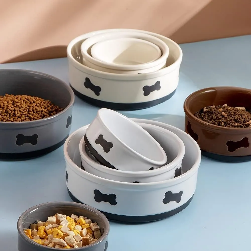Sweejar Ceramic Dog Bowls with Bone Pattern, Dog Food Dish for Small Dogs, Porcelain Pet Bowl for Water 16 Fl Oz (Gray)