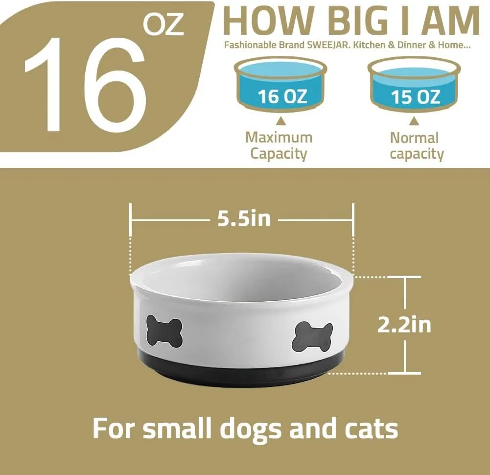 Sweejar Ceramic Dog Bowls with Bone Pattern, Dog Food Dish for Small Dogs, Porcelain Pet Bowl for Water 16 Fl Oz (Gray)