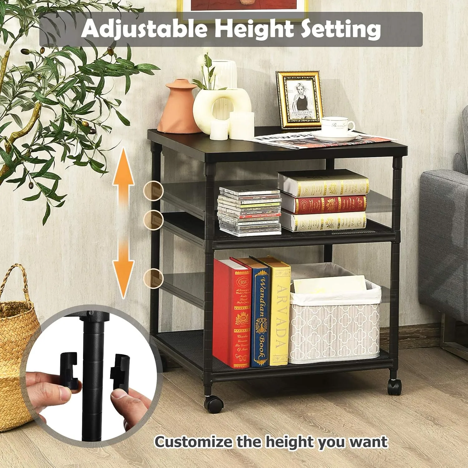 Tangkula 3-Tier Printer Stand Printer Cart, Multifunctional Utility Cart w/Ample Storage Space, 360 Swivel Rolling & Lockable Wheels, Sturdy Iron Frame, Adjustable Heights, Organizer for Office