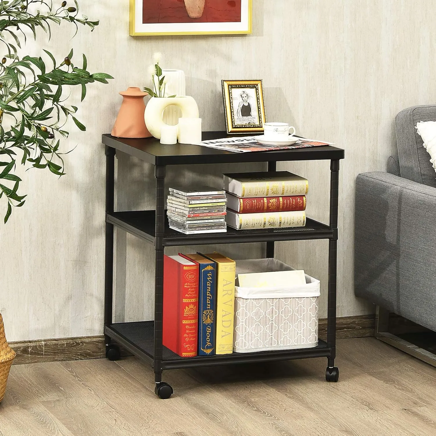 Tangkula 3-Tier Printer Stand Printer Cart, Multifunctional Utility Cart w/Ample Storage Space, 360 Swivel Rolling & Lockable Wheels, Sturdy Iron Frame, Adjustable Heights, Organizer for Office
