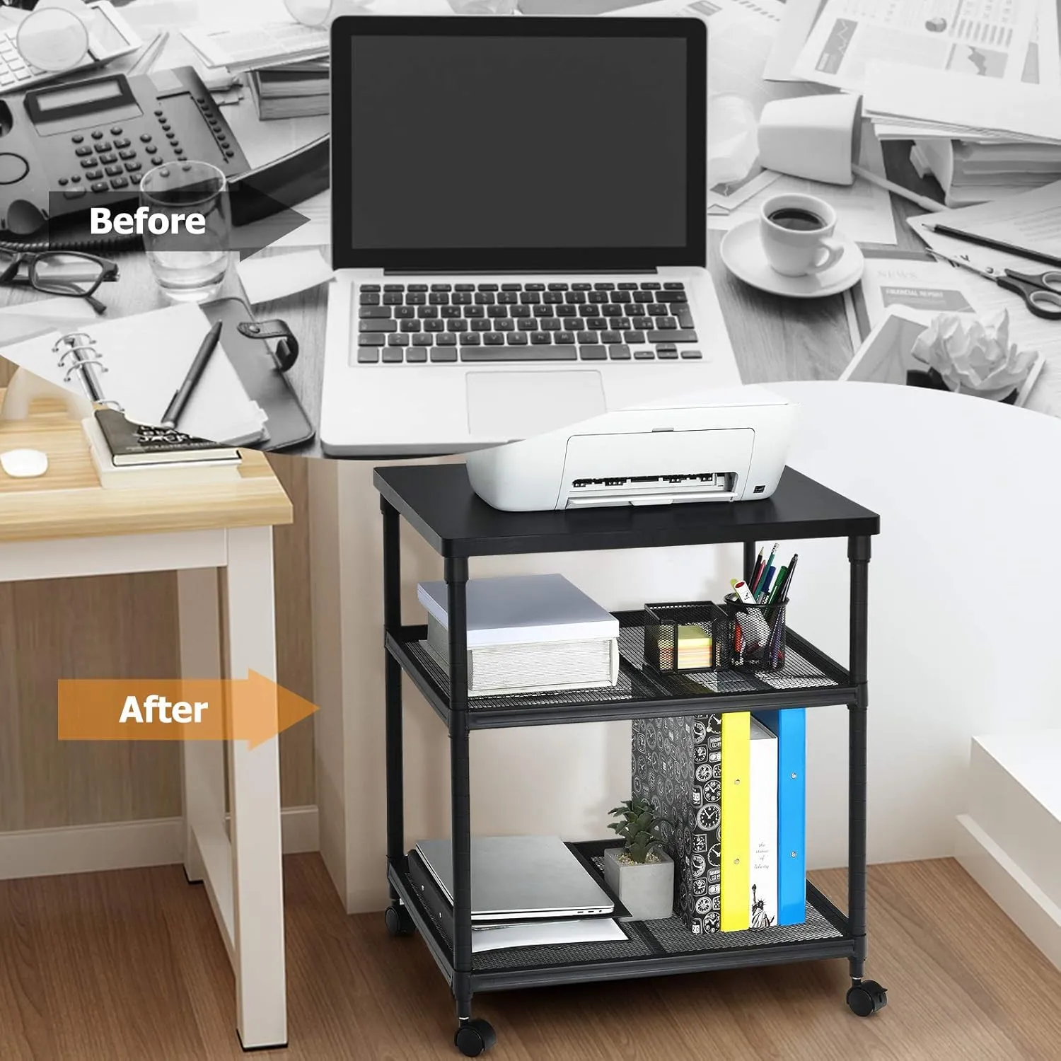 Tangkula 3-Tier Printer Stand Printer Cart, Multifunctional Utility Cart w/Ample Storage Space, 360 Swivel Rolling & Lockable Wheels, Sturdy Iron Frame, Adjustable Heights, Organizer for Office