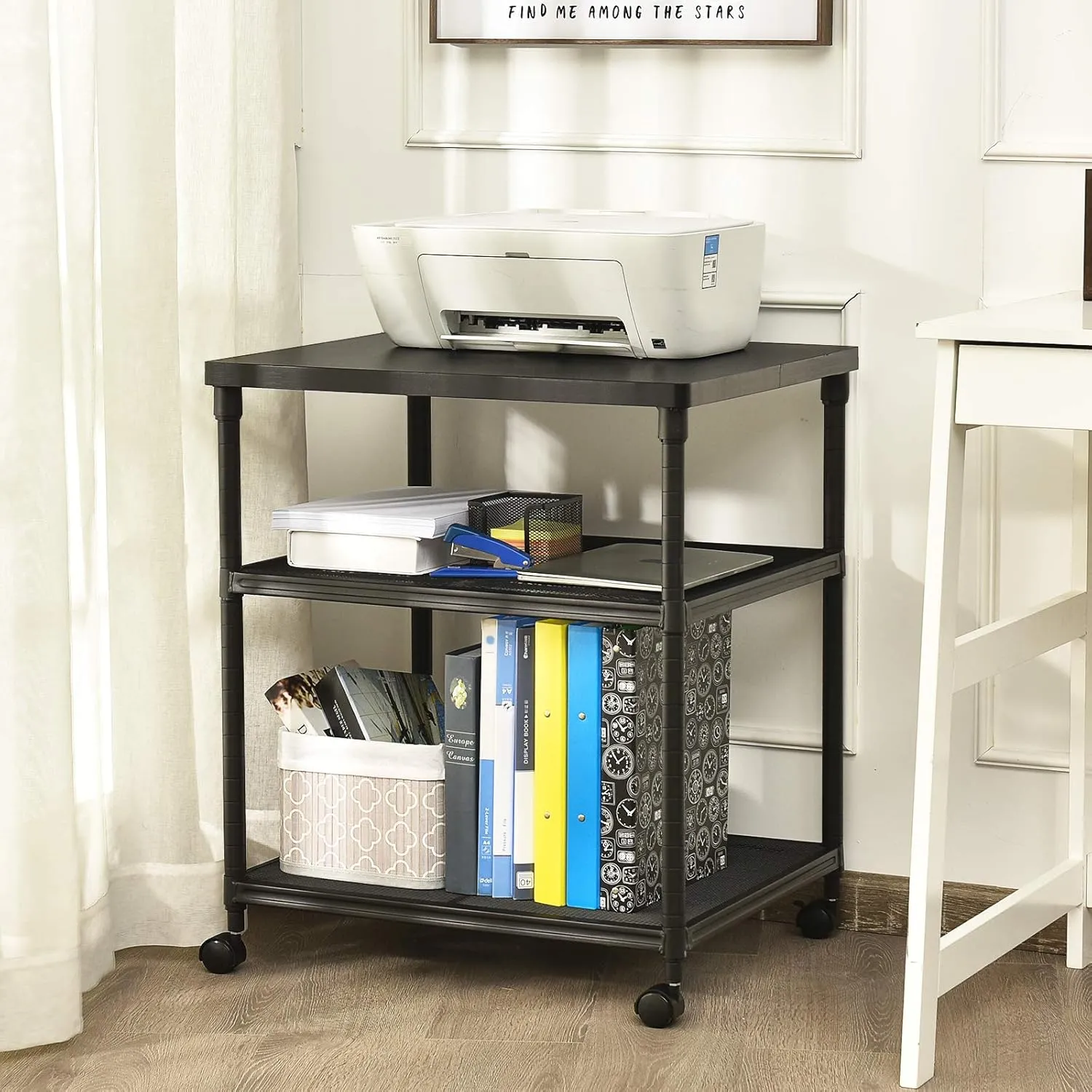 Tangkula 3-Tier Printer Stand Printer Cart, Multifunctional Utility Cart w/Ample Storage Space, 360 Swivel Rolling & Lockable Wheels, Sturdy Iron Frame, Adjustable Heights, Organizer for Office