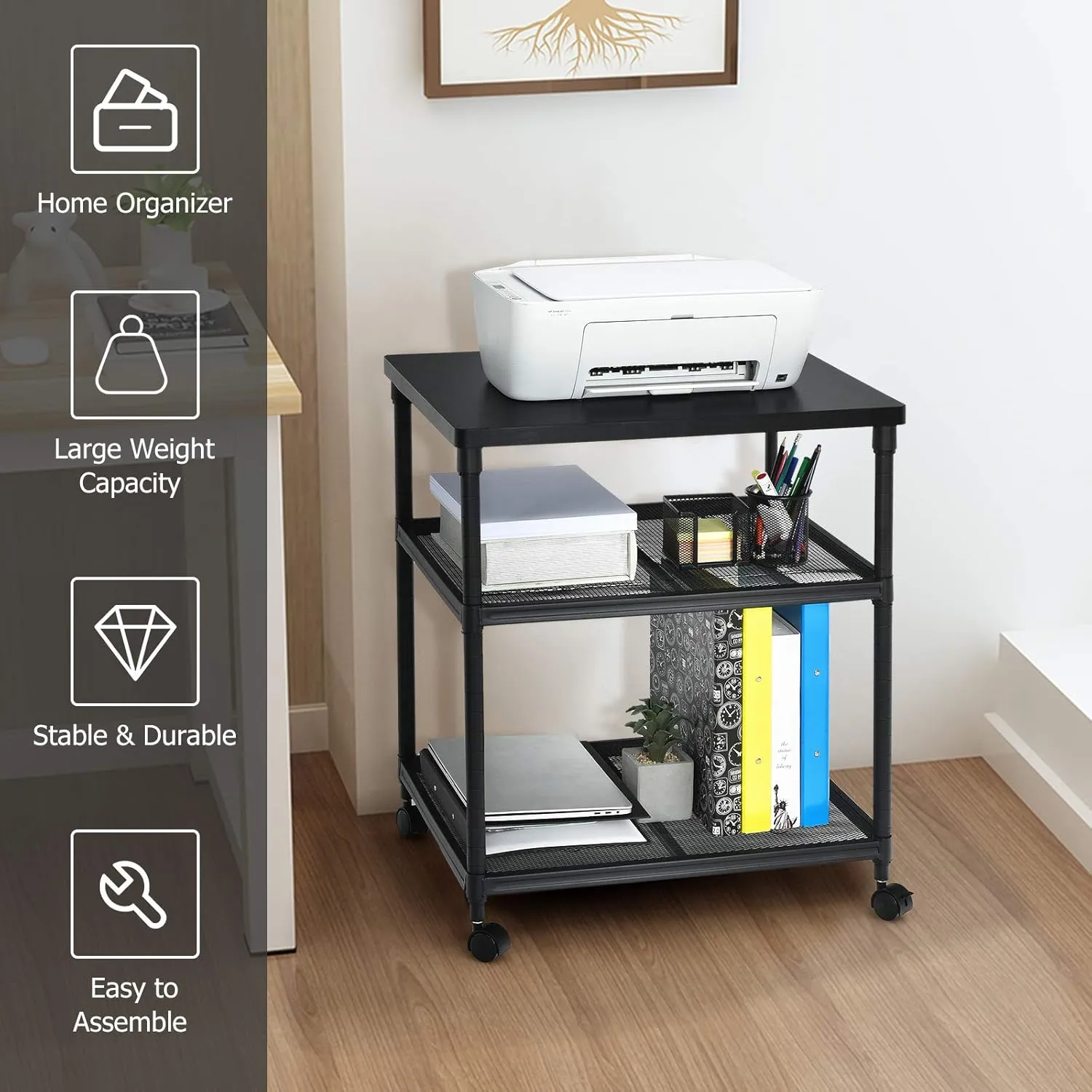 Tangkula 3-Tier Printer Stand Printer Cart, Multifunctional Utility Cart w/Ample Storage Space, 360 Swivel Rolling & Lockable Wheels, Sturdy Iron Frame, Adjustable Heights, Organizer for Office
