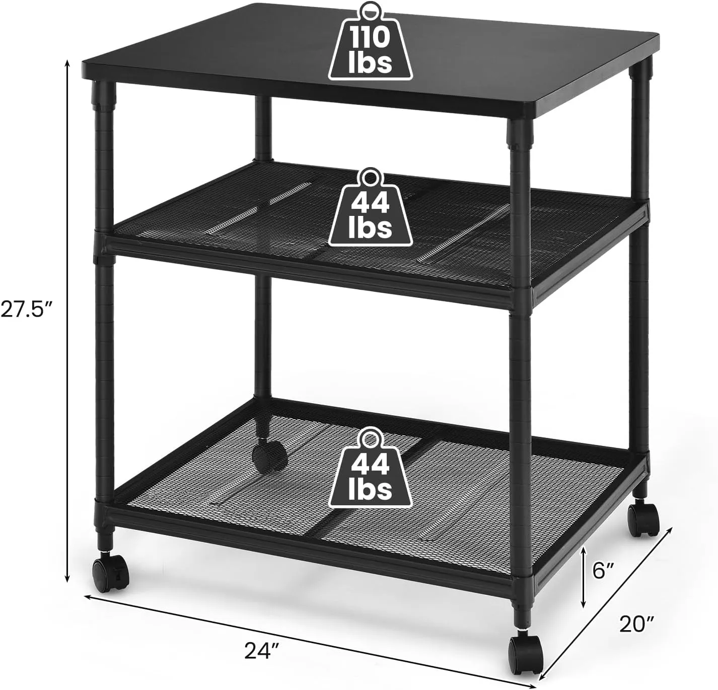 Tangkula 3-Tier Printer Stand Printer Cart, Multifunctional Utility Cart w/Ample Storage Space, 360 Swivel Rolling & Lockable Wheels, Sturdy Iron Frame, Adjustable Heights, Organizer for Office