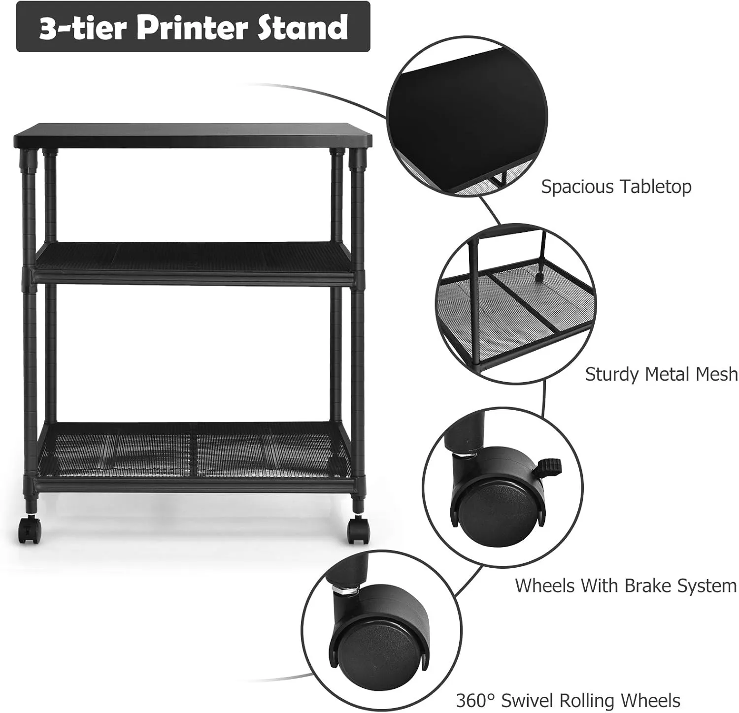 Tangkula 3-Tier Printer Stand Printer Cart, Multifunctional Utility Cart w/Ample Storage Space, 360 Swivel Rolling & Lockable Wheels, Sturdy Iron Frame, Adjustable Heights, Organizer for Office