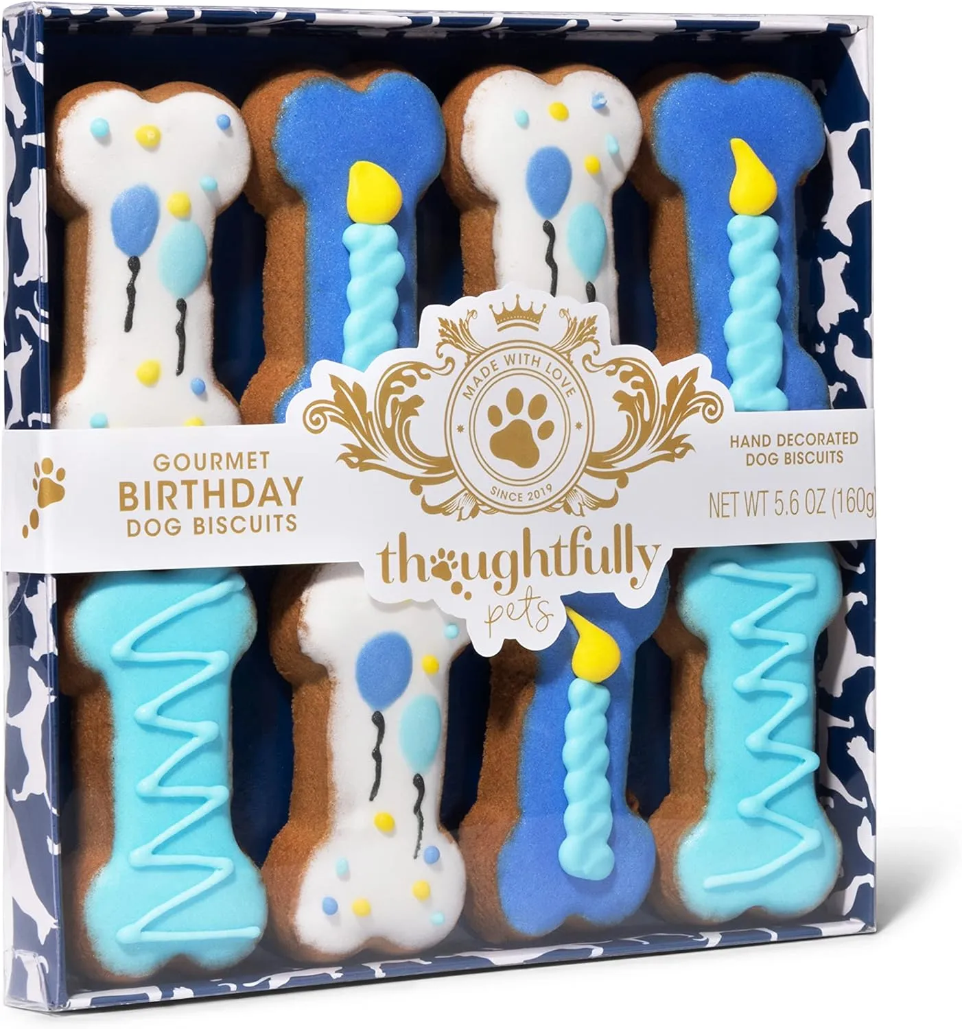 Thoughtfully Pets, Dog Birthday Cookie Gift Set, Hand Decorated Crunchy Treats in Bone Shapes, Great for Birthdays, Set of 8 (8 Count (Pack of 1), Boy)