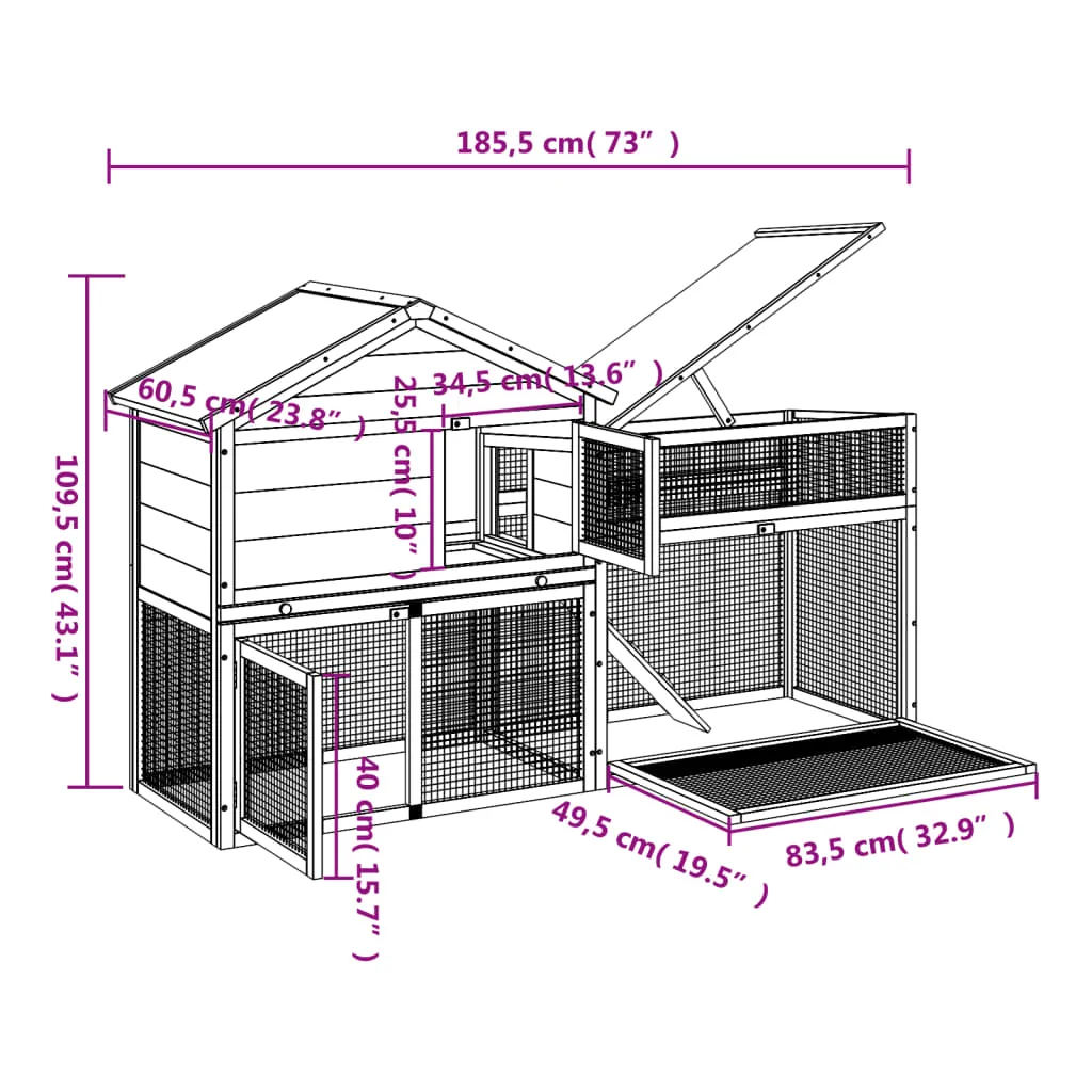 vidaXL Rabbit Hutch Brown 185.5x60.5x109.5 cm Solid Wood Pine