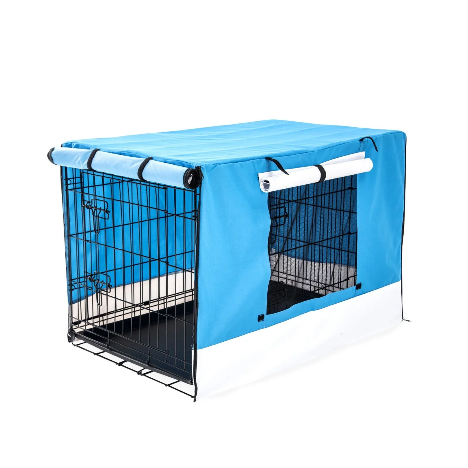 Wire Dog Cage Foldable Crate Kennel 24in with Tray   Blue Cover Combo