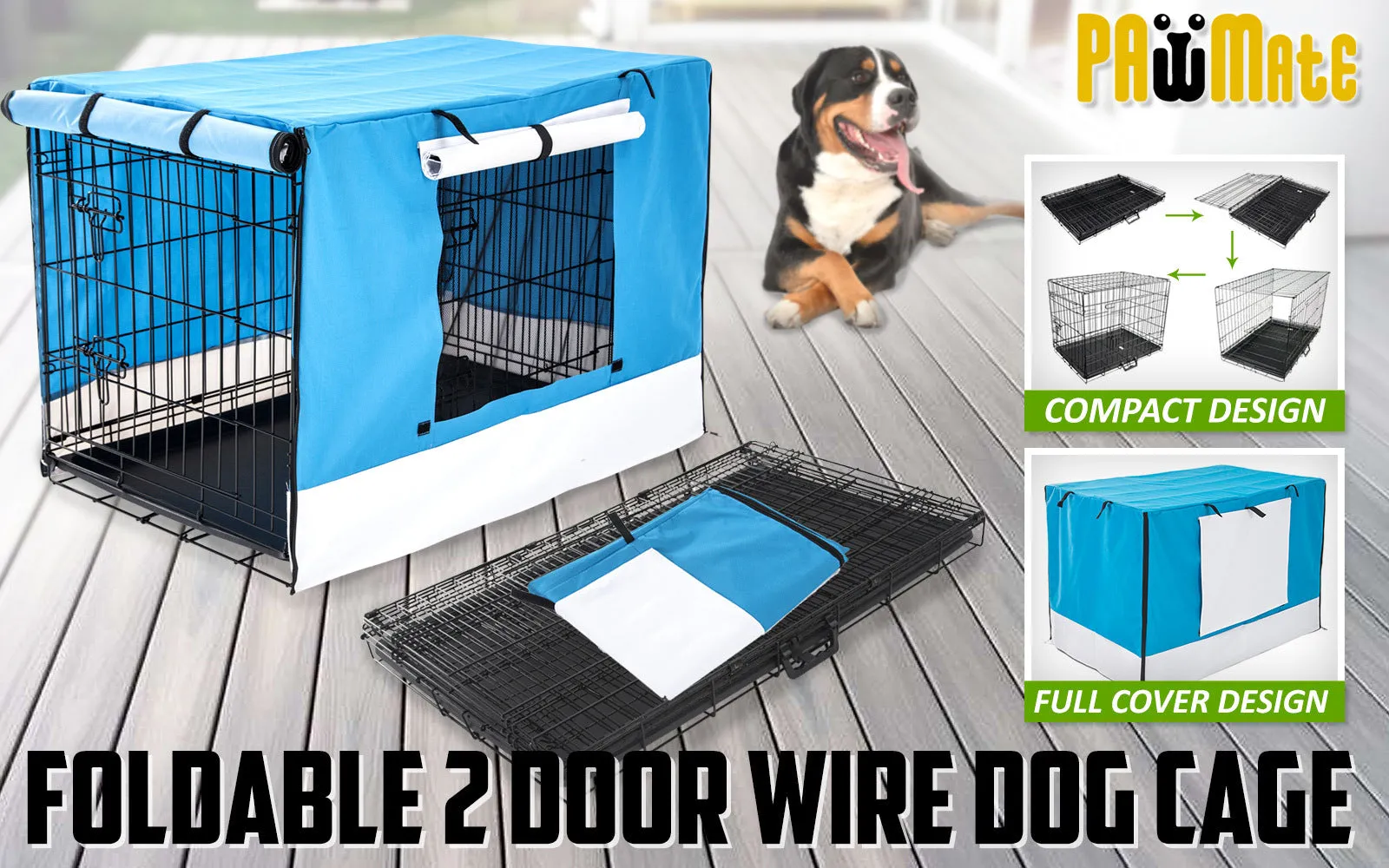 Wire Dog Cage Foldable Crate Kennel 24in with Tray   Blue Cover Combo