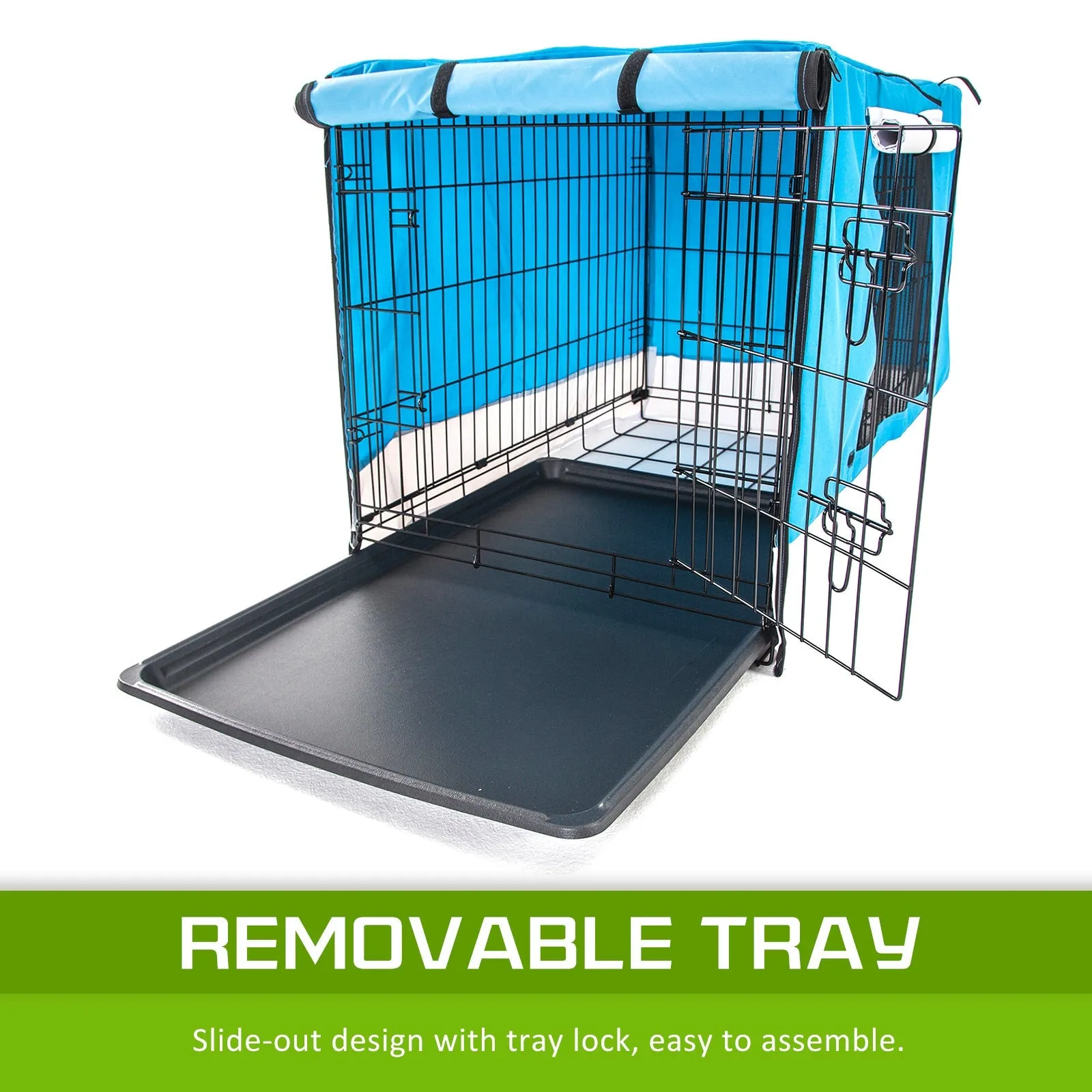 Wire Dog Cage Foldable Crate Kennel 24in with Tray   Blue Cover Combo