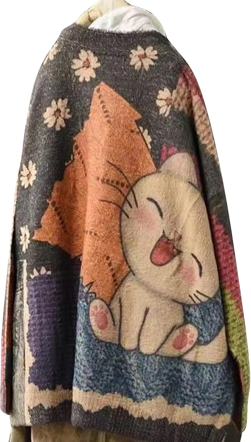 Womens V Neck Oversized Cat Print Cardigan, Boho Patchwork Knit Sweater Long Sleeve Button Front with Pockets