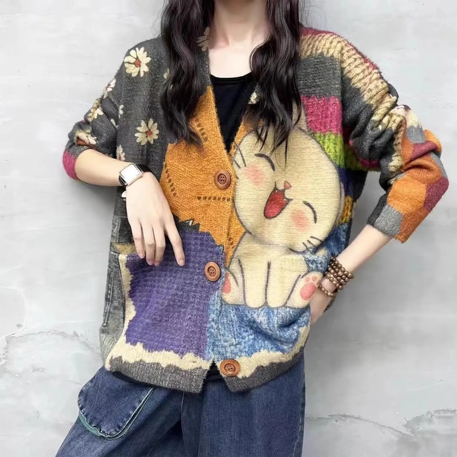 Womens V Neck Oversized Cat Print Cardigan, Boho Patchwork Knit Sweater Long Sleeve Button Front with Pockets