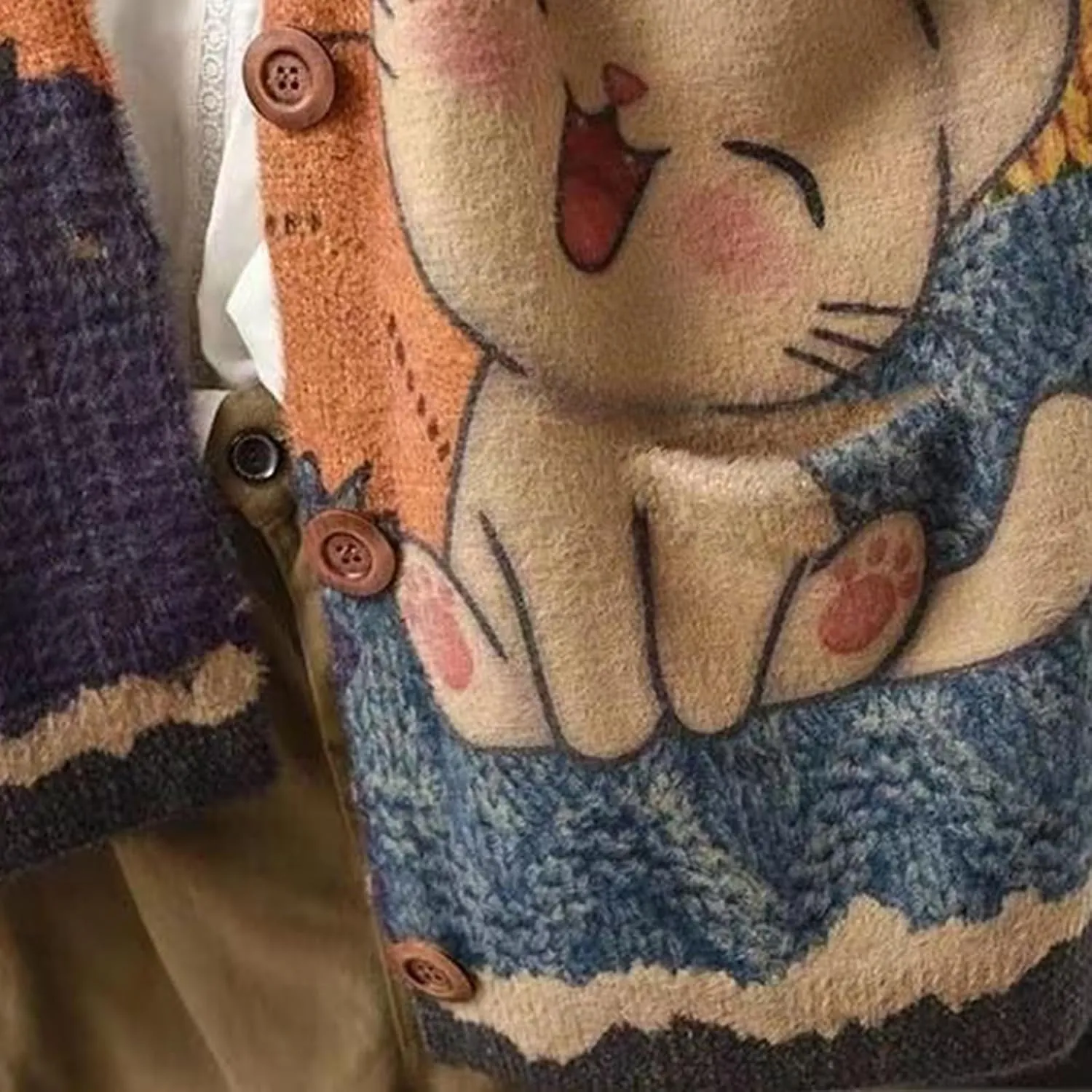 Womens V Neck Oversized Cat Print Cardigan, Boho Patchwork Knit Sweater Long Sleeve Button Front with Pockets